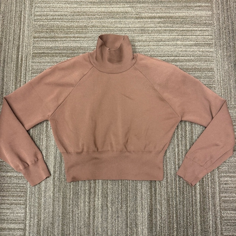 Zara Women's Chocolate Brown Cropped Turtleneck Top with Padded Shoulders